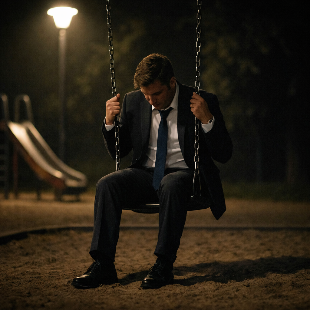 Adulto sentado em um balanço de parque à noite representando a infantilização dos adultos na cultura contemporânea.