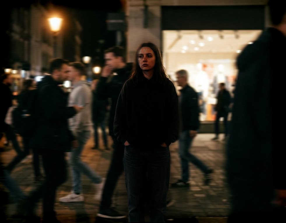Pessoa parada em uma rua movimentada enquanto outras pessoas passam ao redor em movimento borrado, representando a sensação de estar atrasado na vida