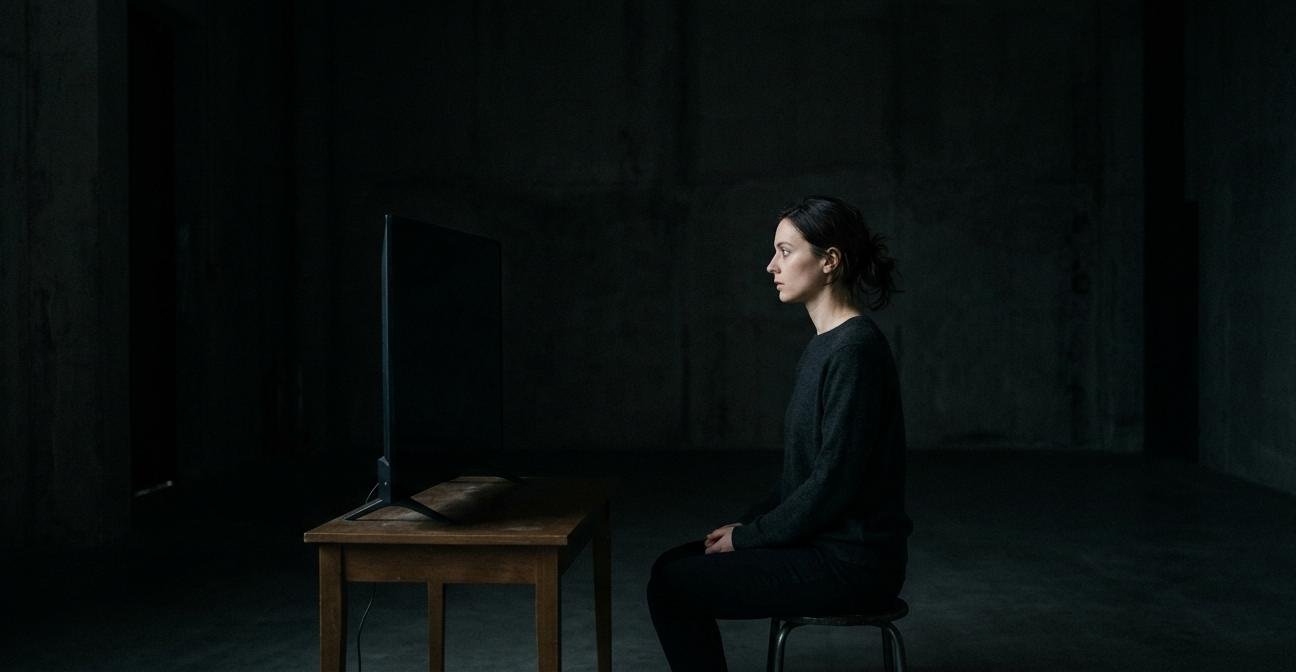 Pessoa sentada diante de uma televisão desligada em um ambiente escuro, representando a dificuldade de desacelerar e permanecer no silêncio