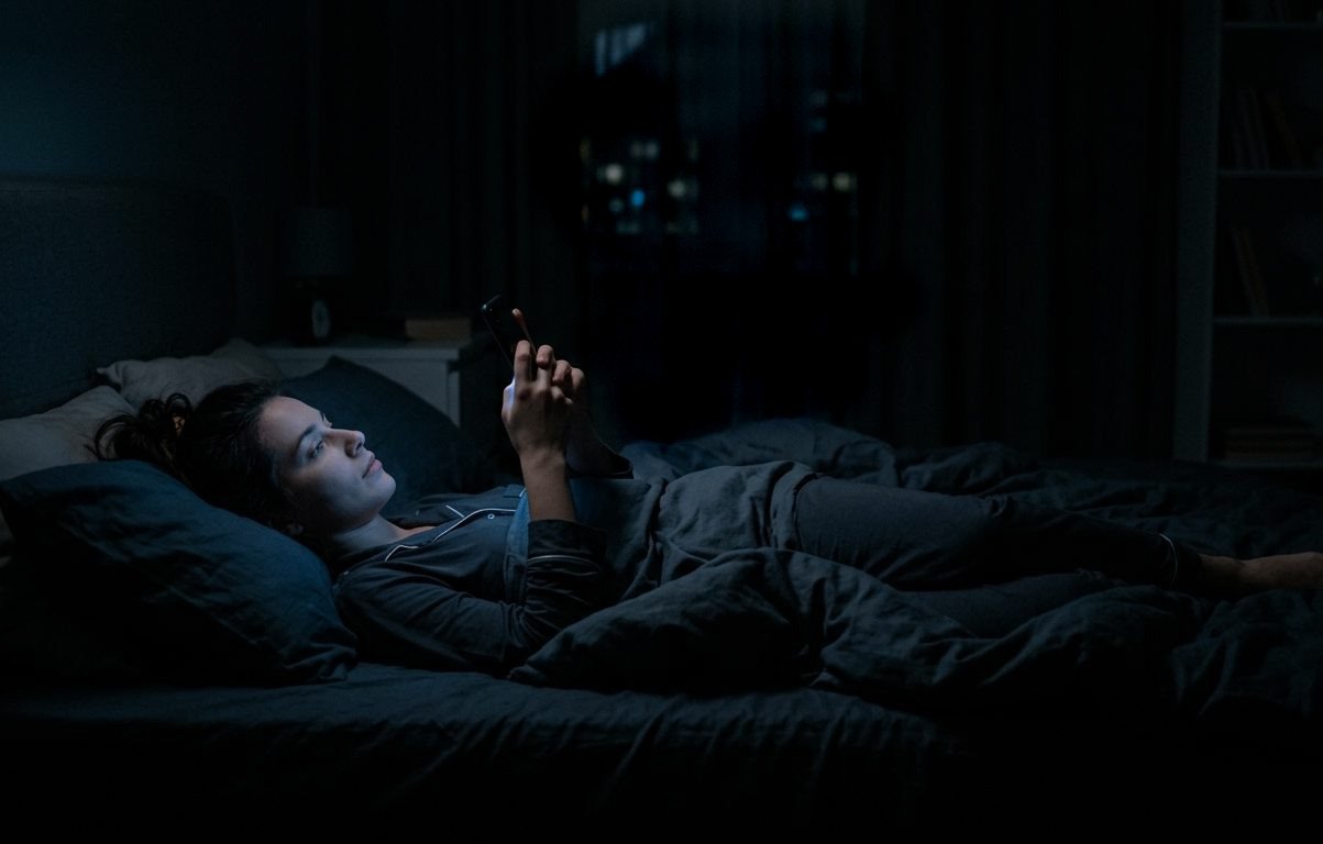 Pessoa deitada na cama olhando para o celular em um ambiente escuro, representando a dificuldade de descansar mentalmente