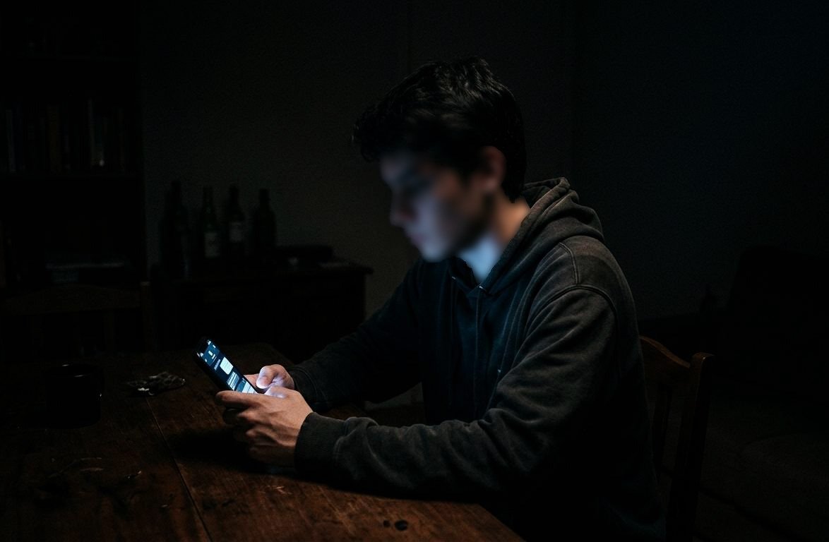 Pessoa olhando para o celular com rosto parcialmente desfocado em ambiente escuro, representando presença fragmentada